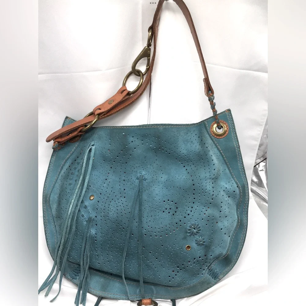 Lucky Brand Laser Cut Perforated Suede Tassel Hippie Hobo Shoulder Handbag - Picture 1 of 8